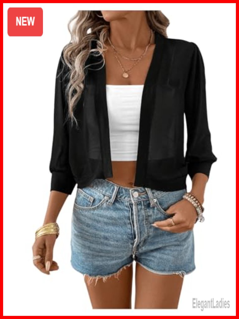 3/4 Sleeve Open Front Sheer Jacket Lightweight Cropped Cardigan Outerwear